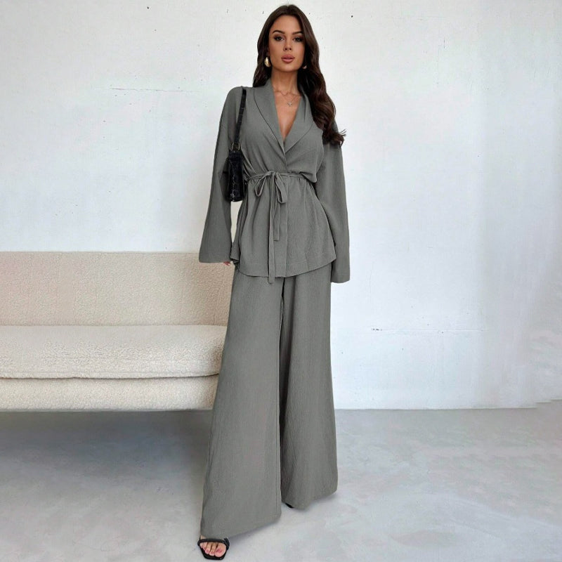 Conjunto elegante de 2 piezas para mujer: top con cuello en V y pantalón de pierna ancha