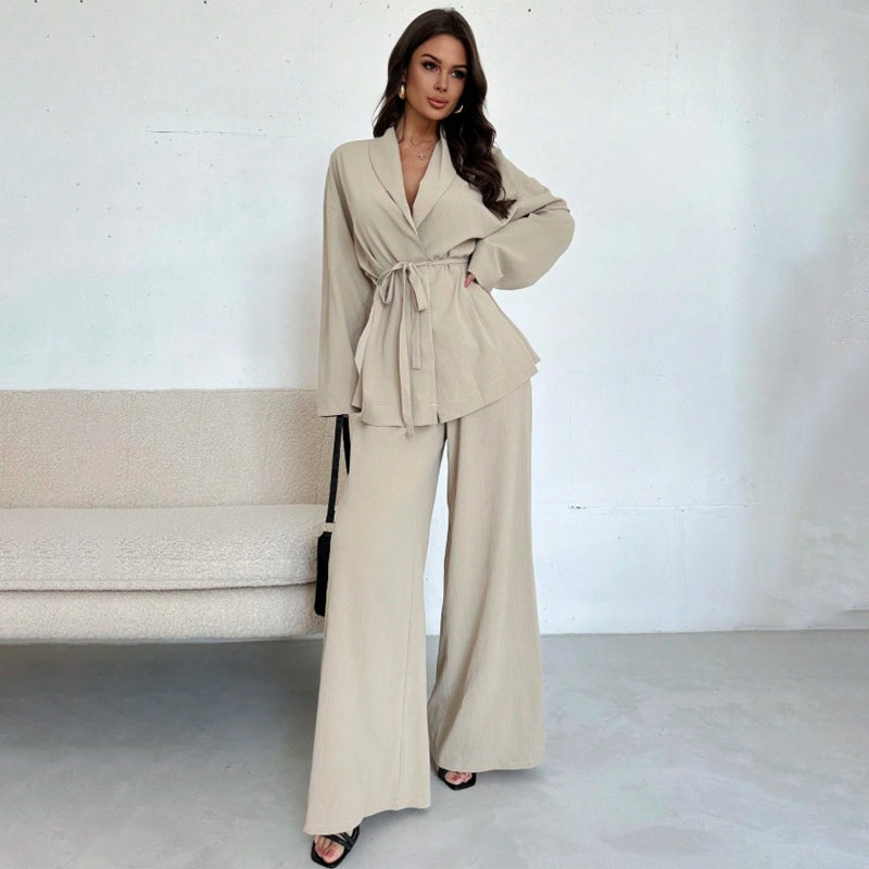 Conjunto elegante de 2 piezas para mujer: top con cuello en V y pantalón de pierna ancha