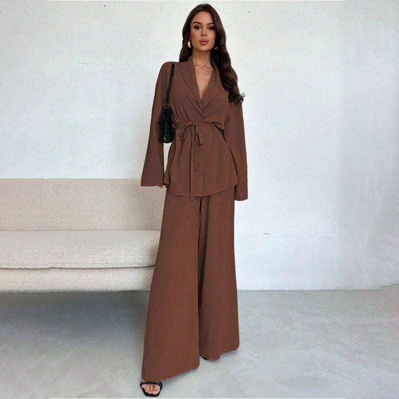 Conjunto elegante de 2 piezas para mujer: top con cuello en V y pantalón de pierna ancha