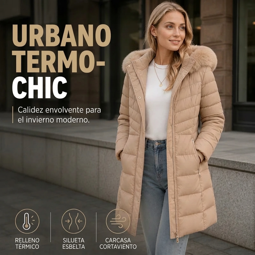Parka de invierno cálido con cuello de pelo sintético para mujer