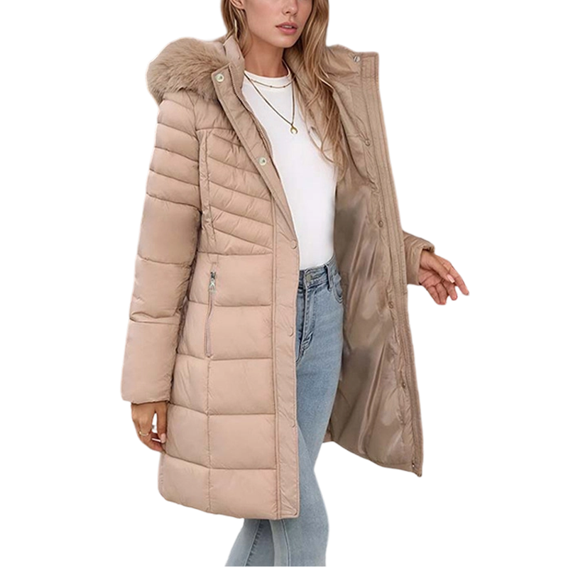 Parka de invierno cálido con cuello de pelo sintético para mujer