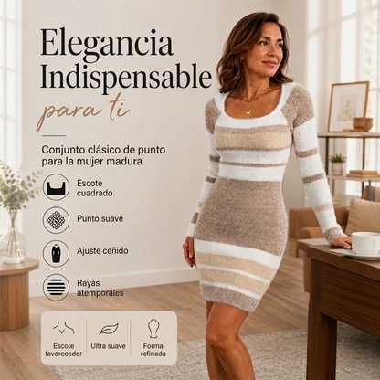 Vestido de Punto Mujer con Cuello Cuadrado y Rayas