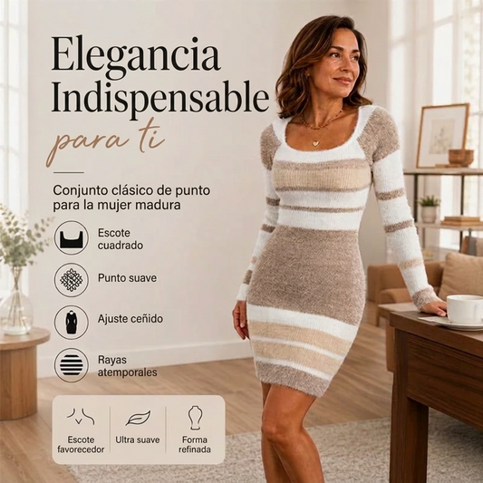 Vestido de Punto Mujer con Cuello Cuadrado y Rayas