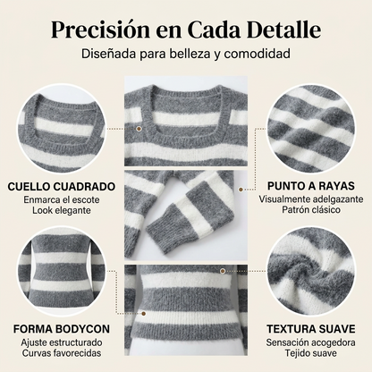 Vestido de Punto Mujer con Cuello Cuadrado y Rayas
