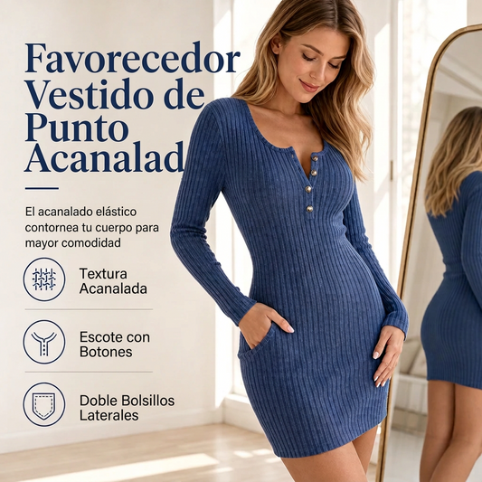 Vestido acanalado de mujer de manga larga con botones