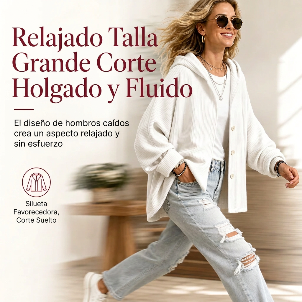 Chaqueta de corduroy casual de corte holgado con capucha para mujer