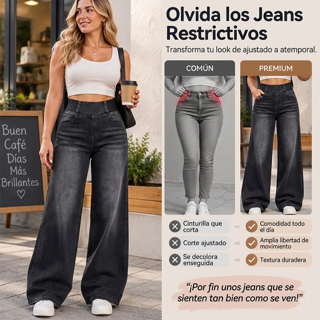 Jeans de pierna ancha con cintura elástica y lavado vintage para mujer