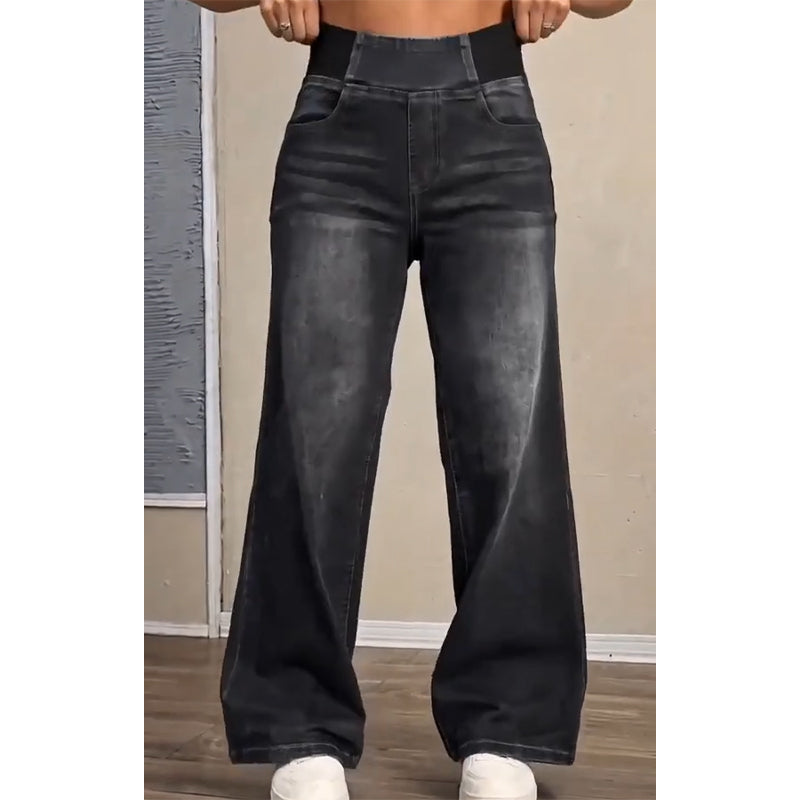 Jeans de pierna ancha con cintura elástica y lavado vintage para mujer