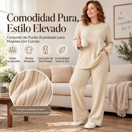 Conjunto de punto de canalé con top de abertura lateral y pantalón para mujer