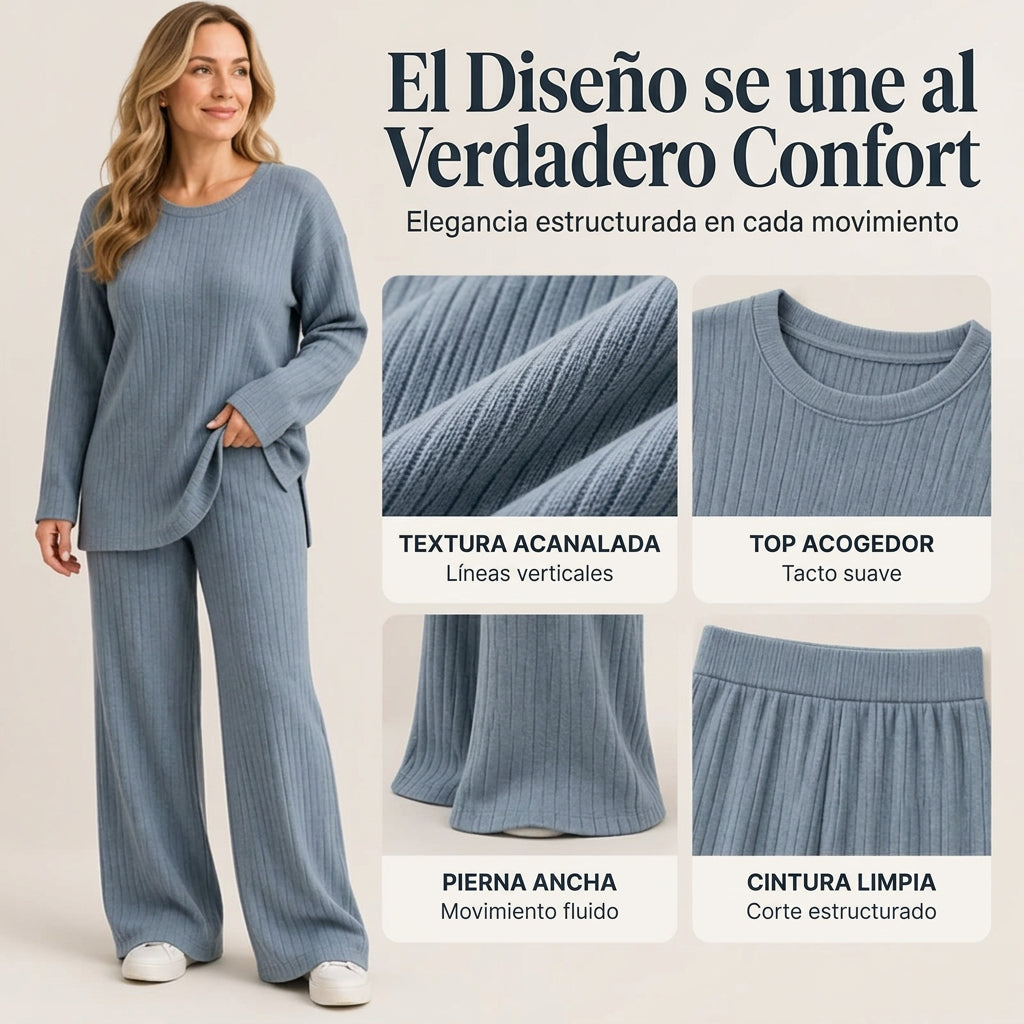 Conjunto de punto de canalé con top de abertura lateral y pantalón para mujer