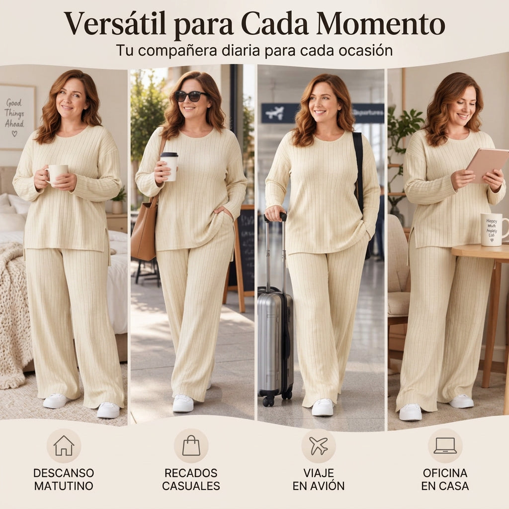 Conjunto de punto de canalé con top de abertura lateral y pantalón para mujer