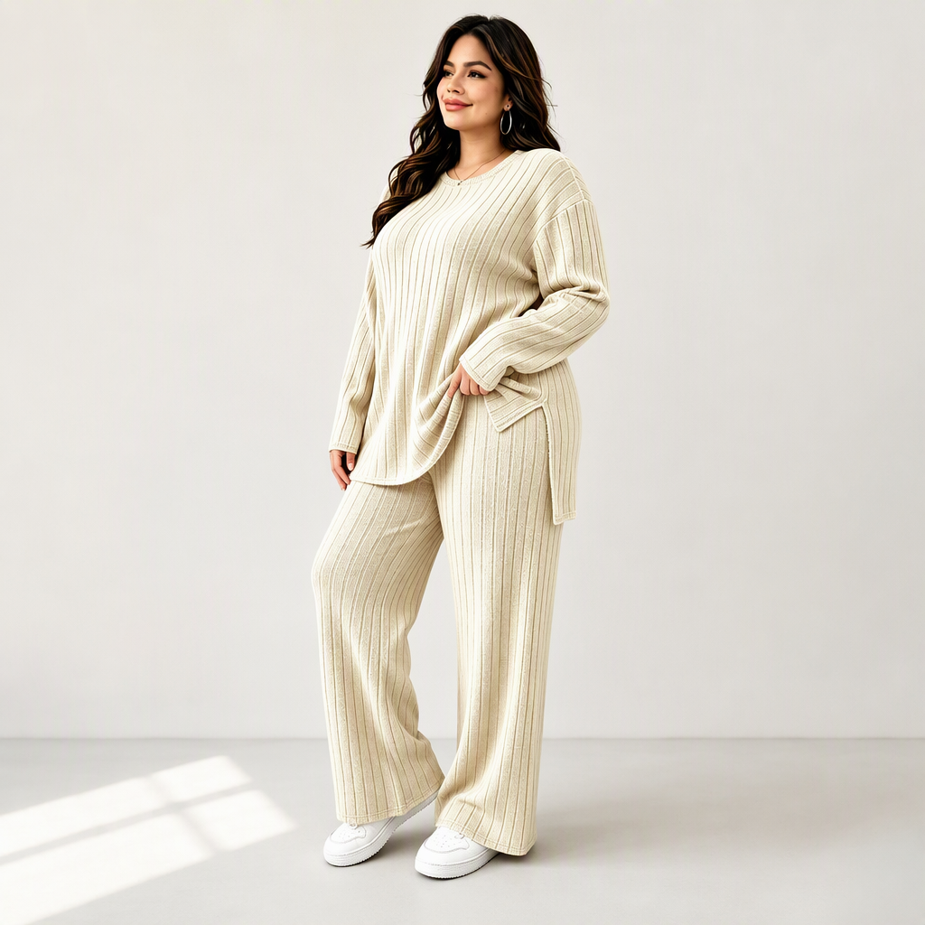 Conjunto de punto de canalé con top de abertura lateral y pantalón para mujer