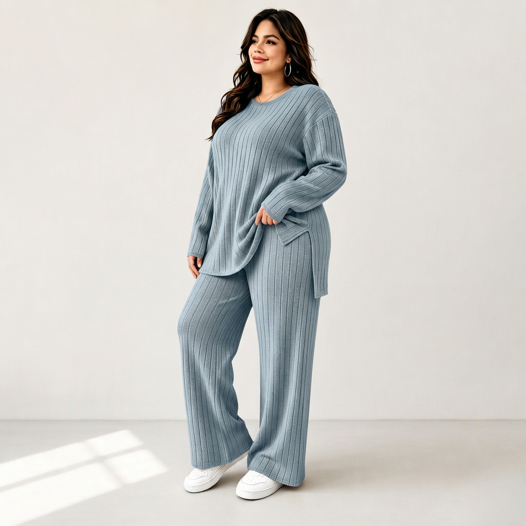 Conjunto de punto de canalé con top de abertura lateral y pantalón para mujer