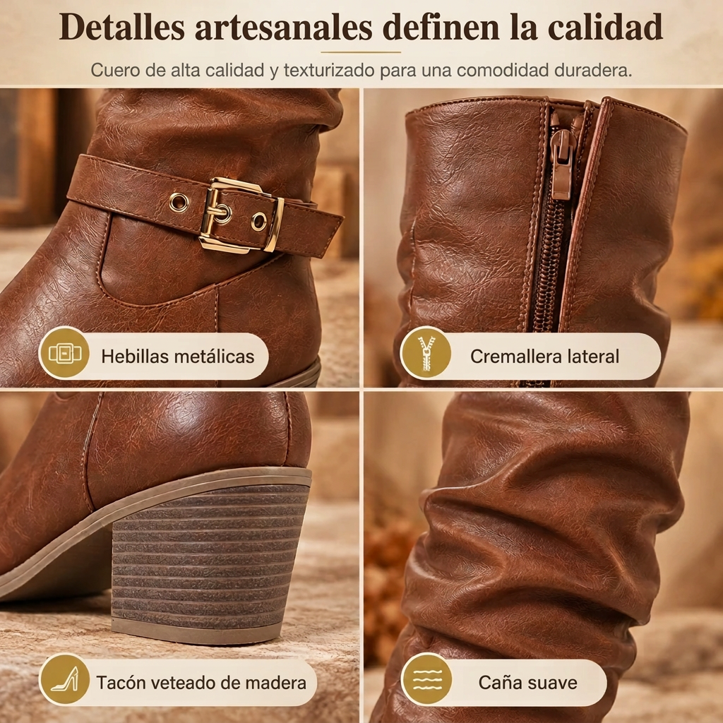 Botas altas estilo western de caña arrugada con tazón en bloque y hebilla para mujer