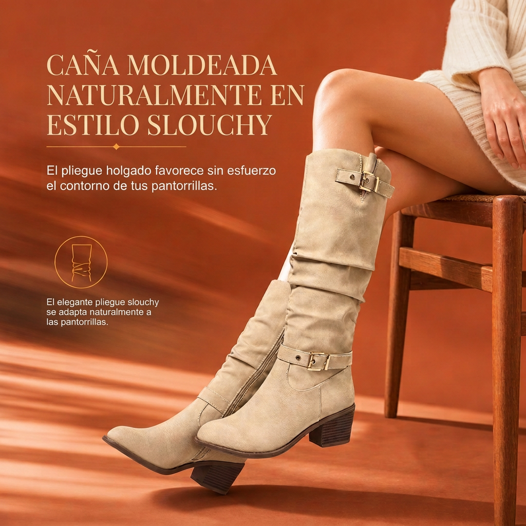 Botas altas estilo western de caña arrugada con tazón en bloque y hebilla para mujer