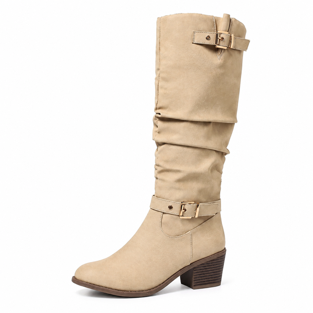 Botas altas estilo western de caña arrugada con tazón en bloque y hebilla para mujer